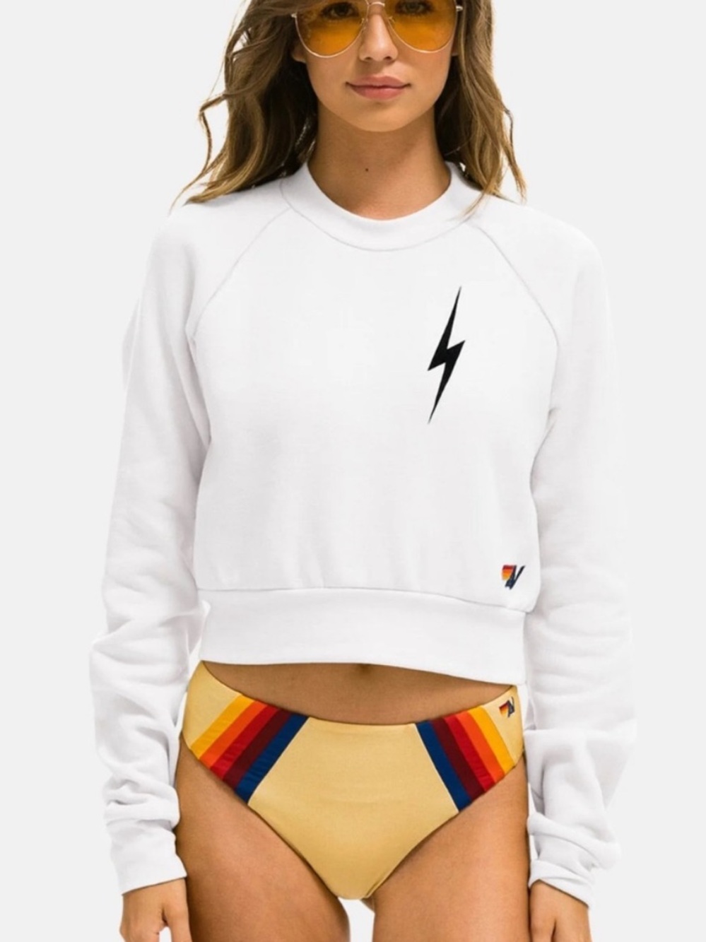 Aviator Nation / Cropped Bolt Crewneck Sweatshirt White